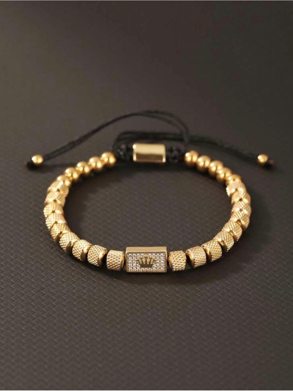 Gold-Tone Beaded Men’s Bracelet with Crown Charm